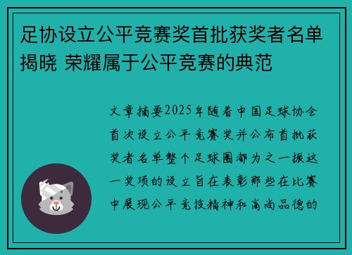 足协设立公平竞赛奖首批获奖者名单揭晓 荣耀属于公平竞赛的典范