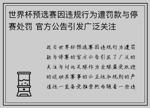 世界杯预选赛因违规行为遭罚款与停赛处罚 官方公告引发广泛关注