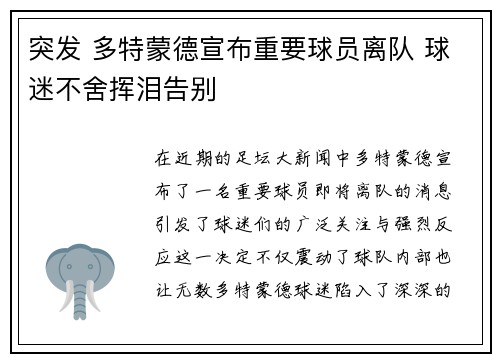 突发 多特蒙德宣布重要球员离队 球迷不舍挥泪告别